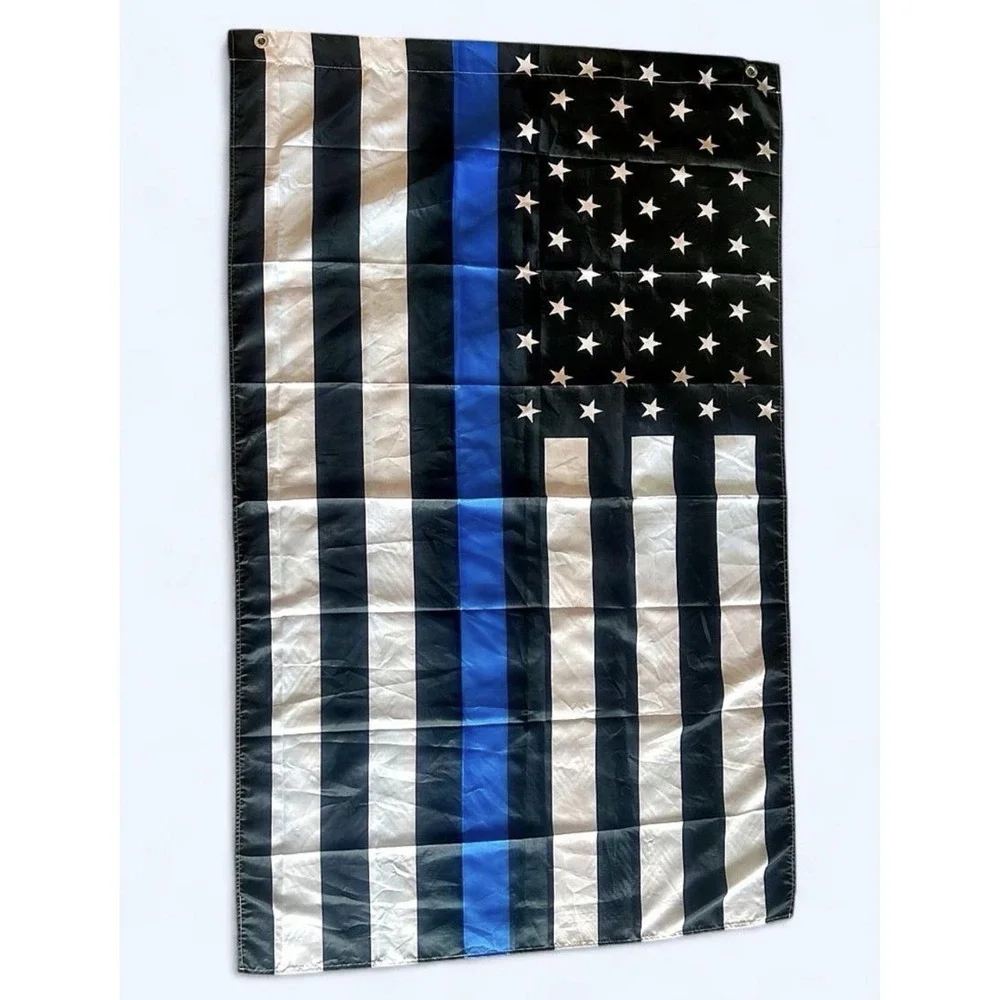 Black & White US American Flag Thin Blue Line Blue Stripe Nylon Banner